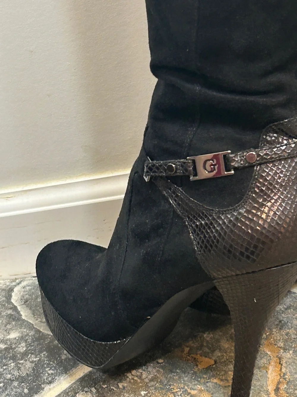 Guess Black Suede Over-the-Knee Platform Stiletto Boots with Textured Heel